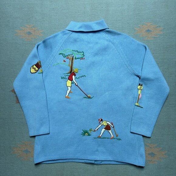 Vintage 1960s 70s knit sweater Cowichan golf embroidered cardigan adult S/M - Picture 8 of 9